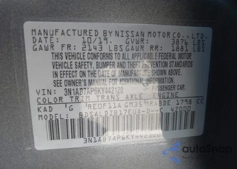 2019 Nissan Sentra Sv z USA, uszkodzony, nr VIN 3N1AB7AP6KY442120